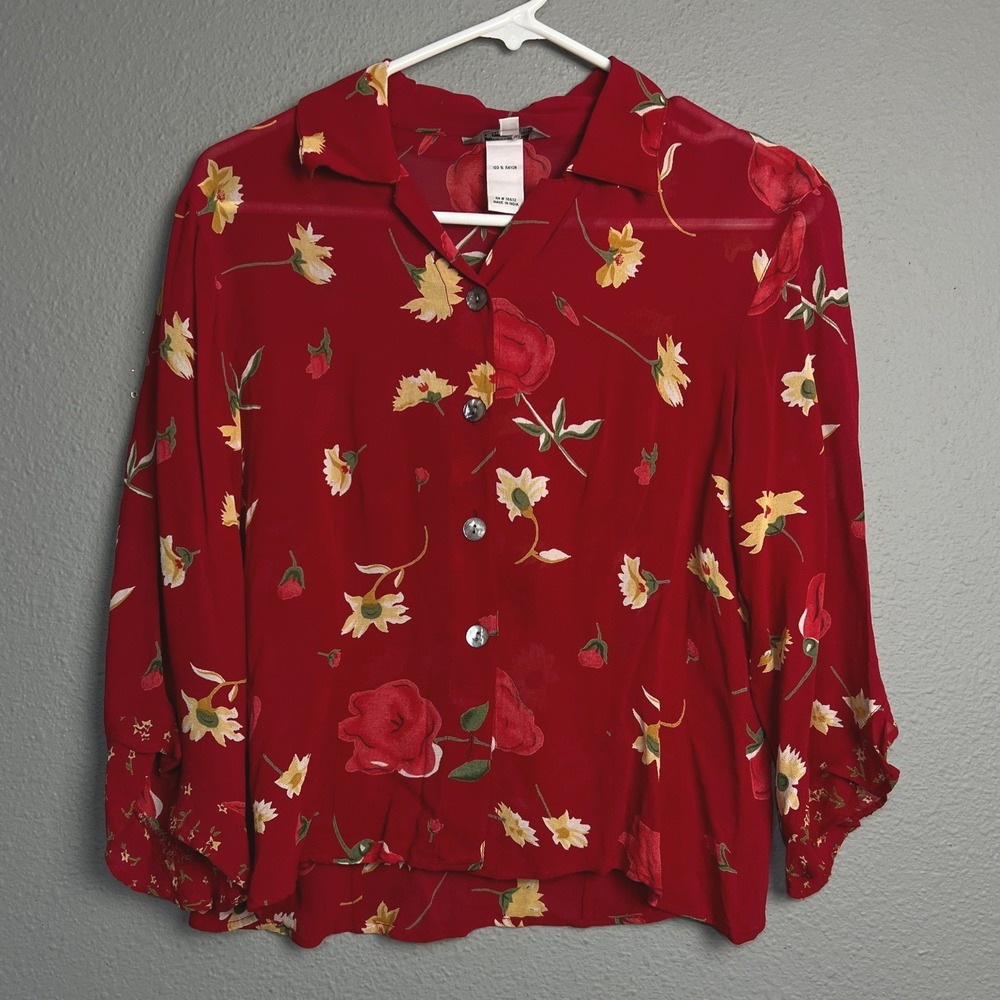 Stonebridge Red Floral Rayon Retro Button Up Blouse Long SL Small Vintage Style